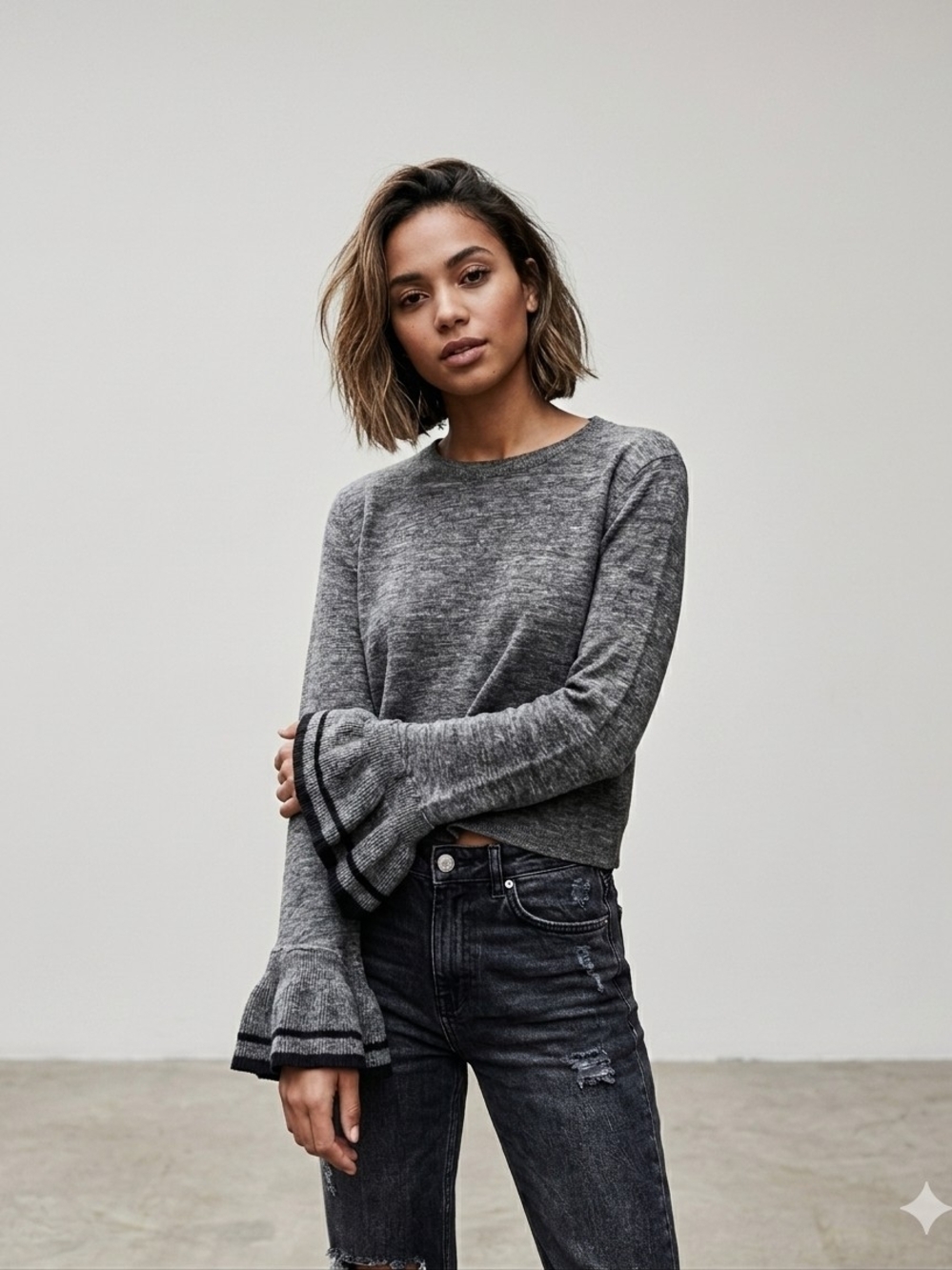 Zara Knit Heather Gray Crop Top with Flounce Sleeves Small
